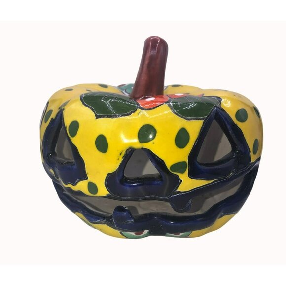 Mexican Talavera Ceramic Pumpkin Jack-O-Lantern Halloween Decor - Picture 1 of 7